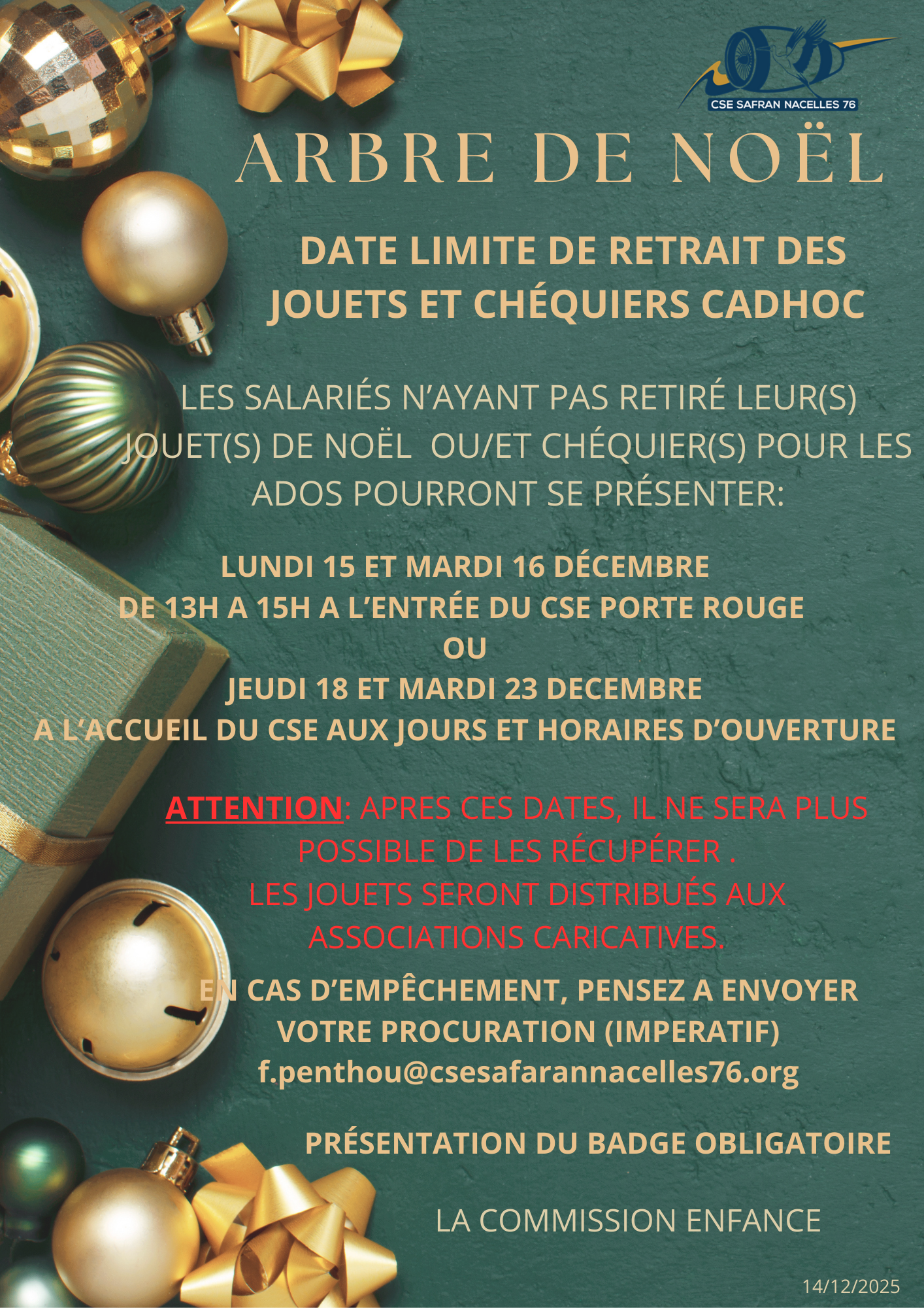 retrait jouets arbre de noel  retrait CSE porte rouge